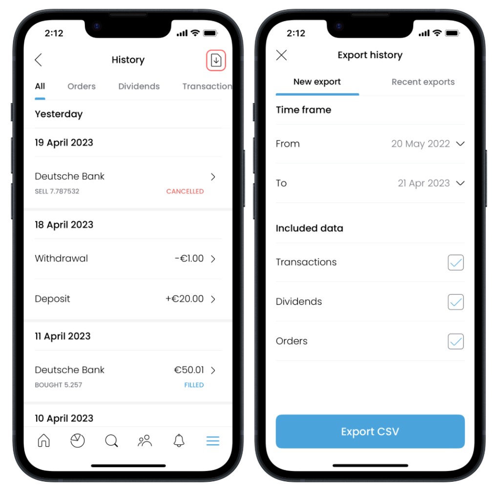 Trading 212 export guide showing History screen and Export options